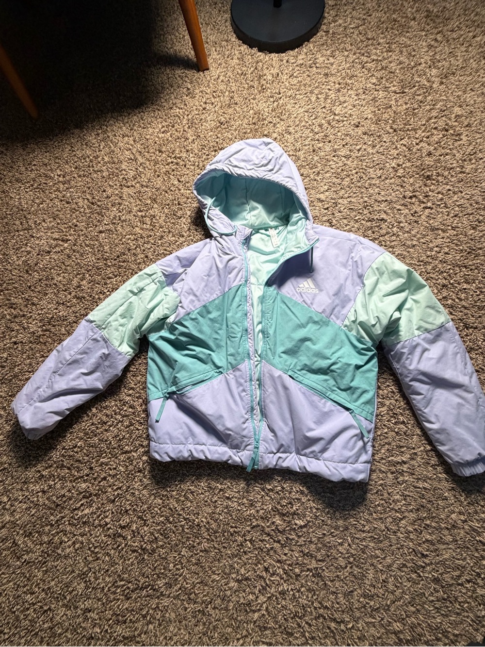 adidas women’s Colorblock Hooded Wind breaker Jacket in Light Purple & Mint